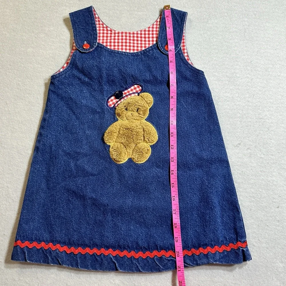 Hearts & Flowers Girls Size 4 Denim Jumper Dress Teddy Bear Gingham Vintage - Picture 3 of 8